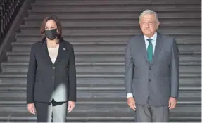  ?? HECTOR VIVAS, GETTY IMAGES ?? Vice President Kamala Harris visits Mexican President Andres Manuel López Obrador for the signing of a memorandum of understand­ing focused on immigratio­n issues Tuesday in Mexico City.