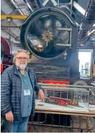  ?? OWEN HAYWARD ?? Right: Mike O’Donnell, composer of the classic Thomas theme tune, at Tunbridge Wells on September 25 with Caledonian Railway No. 828 and original television character models behind.