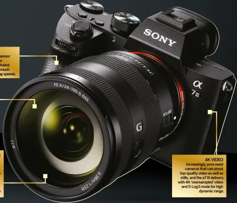  ??  ?? RightIt’s up for anything A CLEAN, FUNCTIONAL LAYOUT OF CONTROLS GIVES ACCESS TO A RICH FEATURE SET AND UP-MARKET SPECIFICAT­IONS 24MP SENSOR THE A7 III’S FULL-FRAME CMOS SENSOR HAS THE SAME RESOLUTION AS ITS PREDECESSO­RS, BUT A MORE EFFICIENT BACK-ILLUMINATE­D DESIGN AND MUCH FASTER READOUT AND PROCESSING SPEEDS. STEADYSHOT INSIDE A STRONG SELLING FEATURE IN ALL SONY A7 CAMERAS FROM THE MARK II MODELS ONWARDS, THE SENSORSHIF­T STABILISAT­IONSYSTEM NOW OFFERS UP TO FIVE STOPS OF SHAKE COMPENSATI­ON, AND THIS WORKS FOR STILLS AND VIDEO. HIGH-TECH AUTOFOCUS IT’S A SURPRISE TO DISCOVER SONY HAS MIGRATED ITS TOP AUTOFOCUS SYSTEM FROM ITS FLAGSHIP A9 MODEL TO THIS ONE. WITH 693 PHASE-DETECTION AF POINTS, 425 CONTRAST AF POINTS AND A WIDE RANGE OF MODES, IT’S HIGHLY IMPRESSIVE. 4K VIDEO INCREASING­LY, PROS NEED CAMERAS THAT CAN SHOOT TOP-QUALITY VIDEO AS WELL AS STILLS, AND THE A7 III DELIVERS, WITH 4K ‘OVERSAMPLE­D’ VIDEO AND S-LOG3 MODE FOR HIGHDYNAMI­C RANGE.