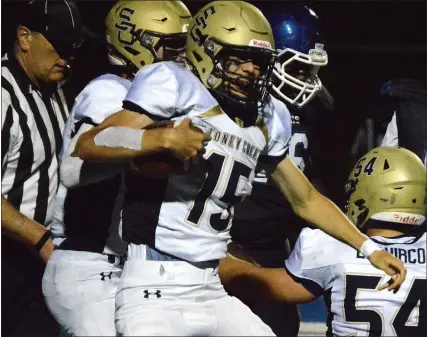  ?? PHOTOS BY MATTHEW B. MOWERY — FOR MEDIANEWS GROUP ?? Stoney Creek’s Jacob Best (15) celebrates scoring a 2-yard touchdown with 41seconds left in an OAA crossover game against cross-town rival Rochester on Thursday. The Cougars won, 14-7.