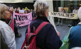  ??  ?? A protest outside Empire Energy’s offices in Sydney in May against the company’s fracking plans for Beetaloo Basin in the Northern Territory. Photograph: Loren Elliott/Reuters