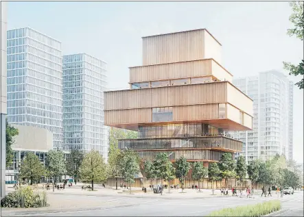  ??  ?? A drawing of the proposed new Vancouver Art Gallery released Tuesday shows that the building would get a touch of warmth from wood cladding on the upper levels and stilt-like supports at the base.