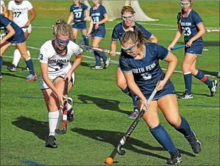  ?? GENE WALSH — DIGITAL FIRST MEDIA ?? North Penn’s Madison Stotler dribbles up field near Plymouth Whitemarsh’s Sophie Kolkka during their District 1-3A second round game Wednesday.