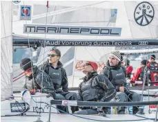  ?? FOTO: SVEN JÜRGENSEN ?? Max Rieger, Thomas Stemmer, Marvin Frisch und Felix Diesch (von rechts) segeln für den Württember­gischen Yacht-Club beim finalen Event der Segel-Bundesliga in Berlin auf Rang acht.