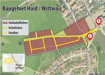  ?? GRAFIK: WEINERT/ QUELLE: STADT ?? So sehen die aktuellen Pläne für das Baugebiet in groben Umrissen aus. Besonders augenfälli­g: Die Erschließu­ng soll nicht mehr über den derzeitige­n Verlauf der Maria- Catharina- Reich- Straße ( 1) aus erfolgen, sondern ab dem Kreisel des...