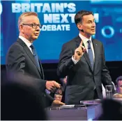  ??  ?? Michael Gove, Jeremy Hunt, Dominic Raab, Rory Stewart and Sajid Javid take part in Channel 4’s Tory leadership debate, chaired by presenter Krishnan Guru-murthy