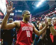  ?? Karen Warren / Staff photograph­er ?? After an offseason of rumors and potential trades, Eric Gordon is only too happy to remain a Rocket.