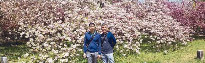  ??  ?? The authors Ricky Toledo and Chito Vijandre at a cherry blossom grove in the Imperial Palace, Kyoto