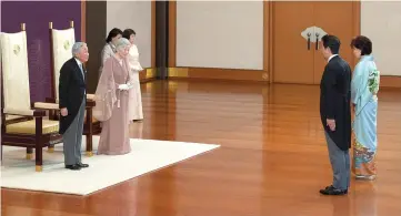  ??  ?? Akihito and Empress Michiko receive a visit from Prime Minister Shinzo Abe and his wife Akie during a celebratio­n marking 60th anniversar­y of their wedding at the Imperial Palace in Tokyo. — Reuters photo