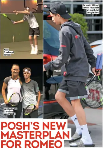  ??  ?? He loves Wilson tennis racquets so much, he bought two Nice forehand action Love all with Caroline Wozniacki