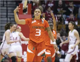  ?? DARRON CUMMINGS – THE ASSOCIATED PRESS) ?? Miami's Destiny Harden scored 18points in Monday night's 70-68upset victory over host Indiana in an NCAA tournament second-round game.