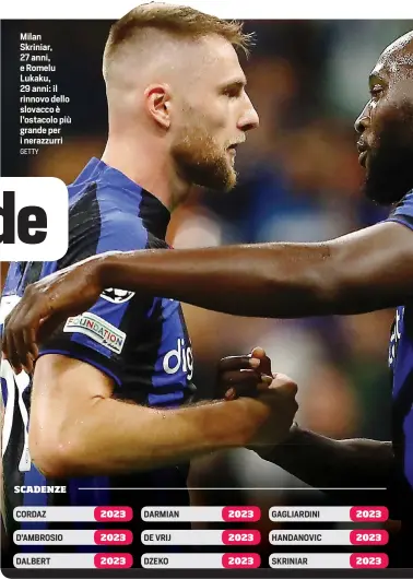  ?? GETTY ?? Milan Skriniar, 27 anni, e Romelu Lukaku, 29 anni: il rinnovo dello slovacco è l’ostacolo più grande per i nerazzurri