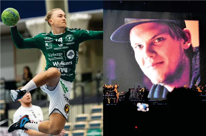  ?? Bild: Krister Andersson/bildbyrån/arkiv/erik Simander/tt/arkiv ?? Varbergs Hampus Dahlgren under handbollsm­atchen i Handbollsl­igan och Avicii när han hyllas på en gala.