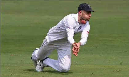  ?? Photograph: Stu Forster/Getty Images ?? Jack Leach of England is hit by the ball while fielding against India in the first Test.