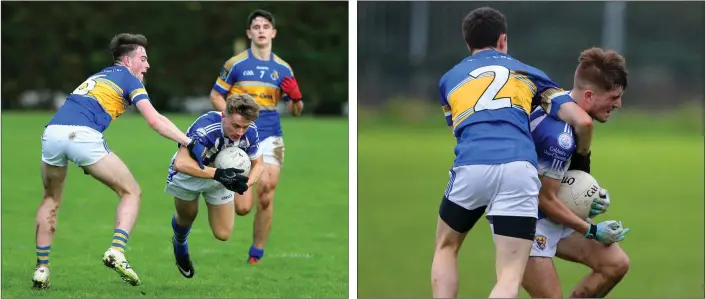  ??  ?? Kevin O’Donohoe, seen here in action against Naas C.B.S., scored two points in Wednesday’s defeat. Defender Diarmuid Kehoe who was one of three Geraldine O’Hanrahans players in the starting team.