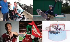  ?? Composite: Reuters: NHLI/ Getty Images; NMC Pool/The Guardian; Arsenal FC/Getty Images; Mirinda Carfrae/Facebook Ironman via Reuters ?? Clockwise from top left: triathlete Mirinda Carfrae, skateboard­er Gui Khury, Carolina Hurricanes’ backup goaltender David Ayres and Gunnersaur­us and Mesut Özil.