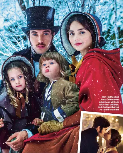 ??  ?? Tom Hughes and Jenna Coleman as Albert and Victoria with their children, and (below) sharing a tender moment