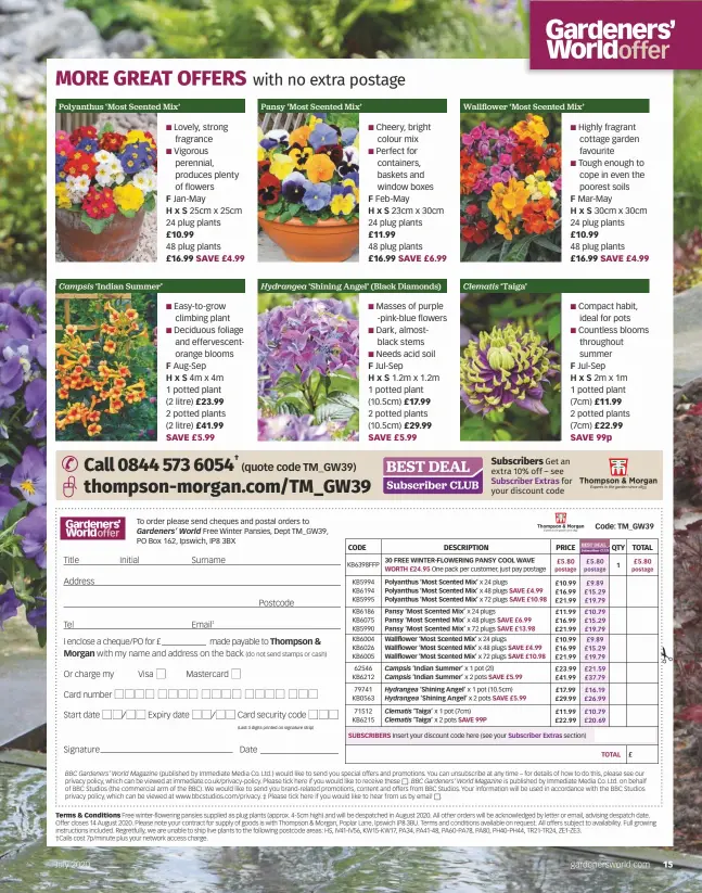  ??  ?? Polyanthus ‘Most Scented Mix’
Campsis ‘Indian Summer’
Morgan
F
H x S
Pansy ‘Most Scented Mix’
F
H x S
Hydrangea ‘Shining Angel’ (Black Diamonds)
Thompson &
F
H x S
Wallflower ‘Most Scented Mix’
Clematis ‘Taiga’
F
H x S