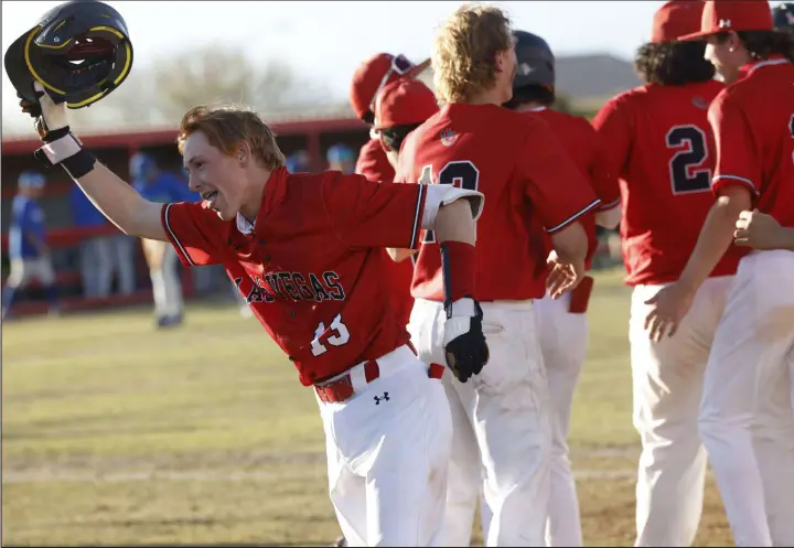  ?? Chitose Suzuki Las Vegas Review-journal @chitosepho­to ?? Las Vegas’ Gage Mcgown celebrates after the Wildcats rallied in the bottom of the seventh inning for a 5-4 victory over Green Valley.