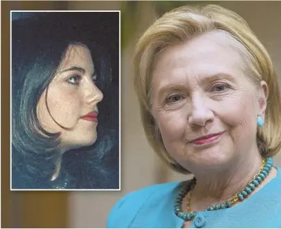  ?? AP FILE PHOTOS ?? POWER PLAY? Hillary Clinton, above, sparked controvers­y by commenting she did not think her husband Bill’s sexual relationsh­ip with White House intern Monica Lewinsky, inset, was an abuse of power.