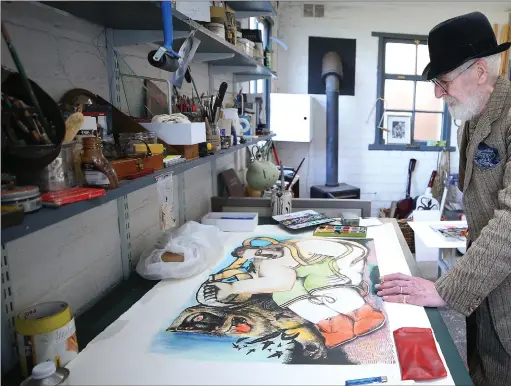  ??  ?? Clockwise: Artist, writer and designer John Byrne in his Edinburgh studio; the cast of his much-loved TV hit
Tutti Frutti; his former partner Tilda Swinton; and his friend, the singer-songwriter Gerry Rafferty