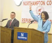  ?? RICK KINTZEL/THE MORNING CALL ?? Republican­s Kevin Dellicker and Lisa Scheller square off in the first debate in the Republican 7th Congressio­nal District race Friday at Northampto­n County Community College.