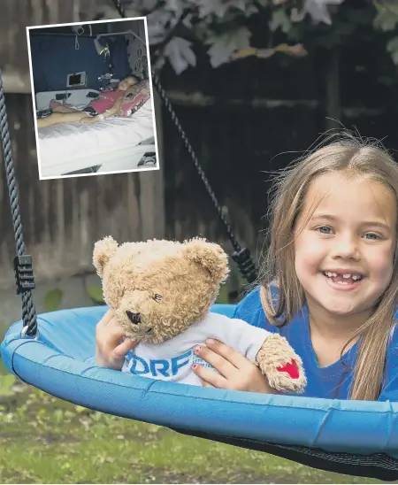  ??  ?? Bella Champion on her favourite swing chair with training bear Rufus. Picture: Mike Cooter (150721) Inset, top left: Bella, then six, when she was admitted to hospital in 2020 with type 1 diabetes and, top right, Bella with mum Donna.