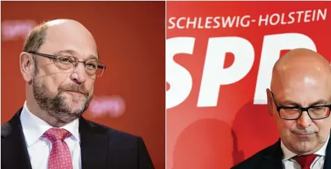  ?? Fotos: dpa ?? Und der Schulz Effekt? Da gab es auch für den Parteivors­itzenden und Kanzlerkan­didaten (links) in Berlin nichts zu beschönige­n: Ministerpr­äsident Torsten Albig erlitt mit der SPD in Schleswig Holstein gestern eine klare Niederlage. Seine Regierung, von...