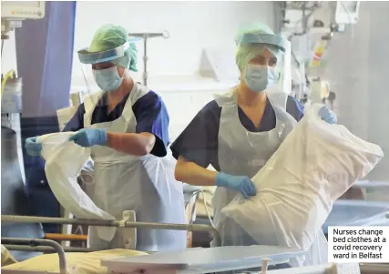  ??  ?? Nurses change bed clothes at a covid recovery ward in Belfast