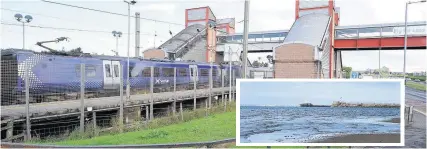  ??  ?? Danger The report warns Prestwick Airport’s train station go under water Insert: Ayr’s famous beach is at risk