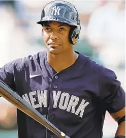  ?? AP ?? Miguel Andujar did not look comfortabl­e playing first base.