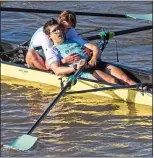  ?? ?? GIVING IT HIS ALL: Cambridge’s Matt Edge is carried away by paramedics after all-but collapsing in his boat (above) during his team’s winning effort