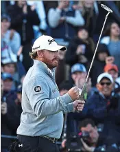  ?? YONG TECK LIM — GETTY IMAGES ?? J.B. Holmes reacts after rallying for a victory in the Genesis Open at Riviera Country Club on Sunday.