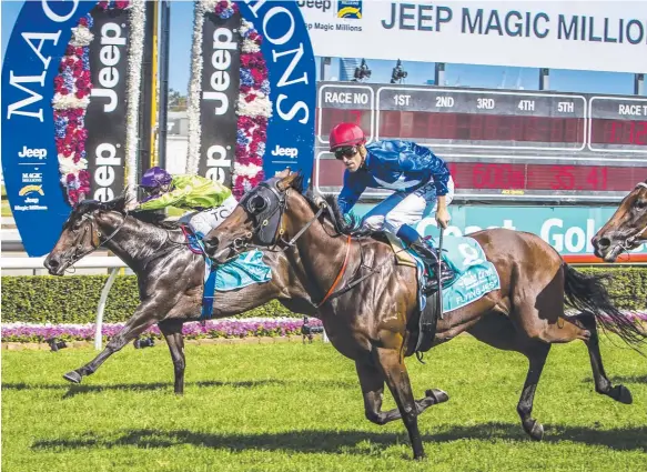  ?? Picture: AAP IMAGE ?? In a deceptive finish, Global Glamour (left) finishes second to Flying Jess in the Magic Millions 3YO Guineas last year.