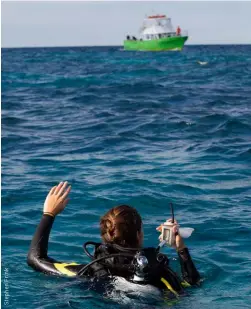  ??  ?? ABOVE LEFT Nautilus Lifeline, a diver safety device that incorporat­es a waterproof VHF radio and GPS locator, being tested in the waters off Key Largo, Florida