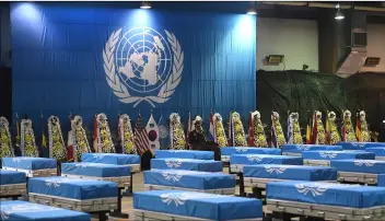  ??  ?? U.S. General Vincent Brooks, commander of the United Nations Command, U.S. Forces Korea and Combined Forces Command, speaks during a repatriati­on ceremony for the remains of U.S. soldiers who were killed in the Korean War and collected in North Korea,...