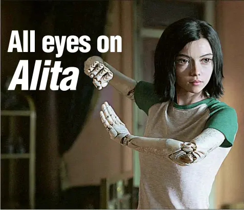  ??  ?? A cyber-doctor revives an abandoned robot (a motion-capture performanc­e by Rosa Salazar) and turns it into a sophistica­ted fighting machine in Alita: Battle Angel.