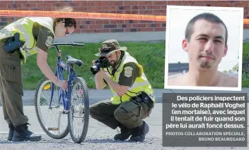 ??  ?? Des policiers inspectent le vélo de Raphaël Voghel (en mortaise), avec lequel il tentait de fuir quand son père lui aurait foncé dessus.