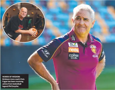  ??  ?? WORDS OF WISDOM:
Brisbane Lions coach Chris
Fagan has been receiving advice from basketball legendlion­scoachphil­smythe.chrisfagan has been getting preparatin­iadvice from basketball great Pil Smyth (inset).