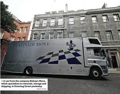  ?? Aaron Chown ?? A van from the company Bishop’s Move, which specialise­s in removals, storage and shipping, in Downing Street yesterday