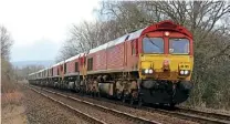  ?? SAM DIXON ?? TEN ‘66s’ ON THE MOVE! A move involving ten Class 66s from Leeds Balm Road to Millerhill occurred on February 6 and included a mix of Freightlin­er and DB Cargo locos. Seen at Great Corby on the
Tyne Valley line is No. 66165 leading Nos. 66130, 66115, 66725, 66531, 66510, 66522, 66515, 66541 and 66536.