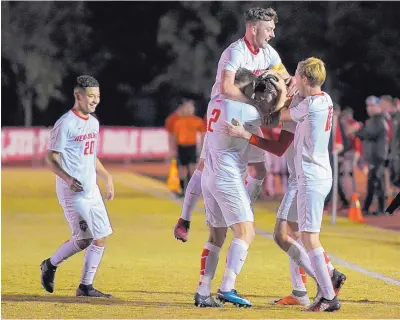  ?? NICK FOJUD/FOR THE JOURNAL ?? New Mexico players rejoice after Matt Dorsey, hidden in middle, scored the Lobos’ second goal Saturday night in the team’s home finale.