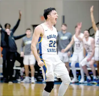  ?? Photo courtesy of JBU Sports Informatio­n ?? John Brown sophomore Luke Harper celebrates after hitting a 3-pointer Tuesday against Philander Smith at Bill George Arena. The Golden Eagles defeated the Panthers 80-60.