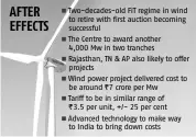  ??  ?? Two-decades-old FiT regime in wind to retire with first auction becoming successful The Centre to award another 4,000 Mw in two tranches Rajasthan, TN & AP also likely to offer projects Wind power project delivered cost to be around ~7 crore per Mw...