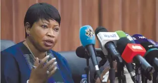  ?? Photo: Nampa/AFP ?? Hand over... Fatou Bensouda, ICC chief prosecutor, speaks during a presser at the ministry of justice in the Sudanese capital Khartoum on 2 June 2021. Bensouda urged Sudan to hand over suspects wanted by the ICC for crimes committed in Darfur.