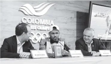  ?? CORTESíA COC ?? Ernesto Lucena, Anthony Zambrano y Ciro Solano en la rueda de prensa en el Comité Olímpico Colombiano.