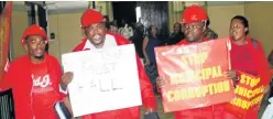 ?? Picture: ZOLILE MENZELWA ?? MEETING DISRUPTED: EFF councillor­s demanded during a council meeting that Enoch Mgijima executive mayor Lindiwe Gunuza Nkwentsha “bring back the cow” that they accused her of stealing. They are, from left, Mzimkhulu Madikane, Luthando Amos, Sakhele...