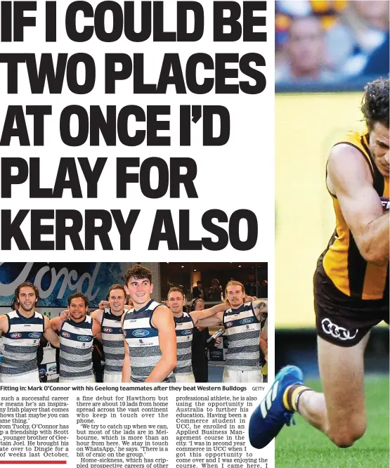  ?? GETTY ?? Fitting in: Mark O’Connor with his Geelong teammates after they beat Western Bulldogs