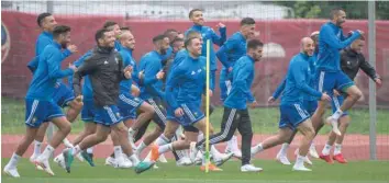 ?? — AFP ?? Morocco players take part in a training session in Voronezh, ahead of the Russia 2018 World Cup tournament.