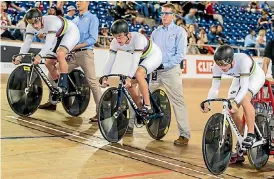  ??  ?? The New Zealand men’s sprint team of Eddie Dawkins, Sam Webster and Ethan Mitchell, pictured here at the start of the final at the World Cup in Los Angeles in February, are looking to defend their world champs crown in Hong Kong this month.